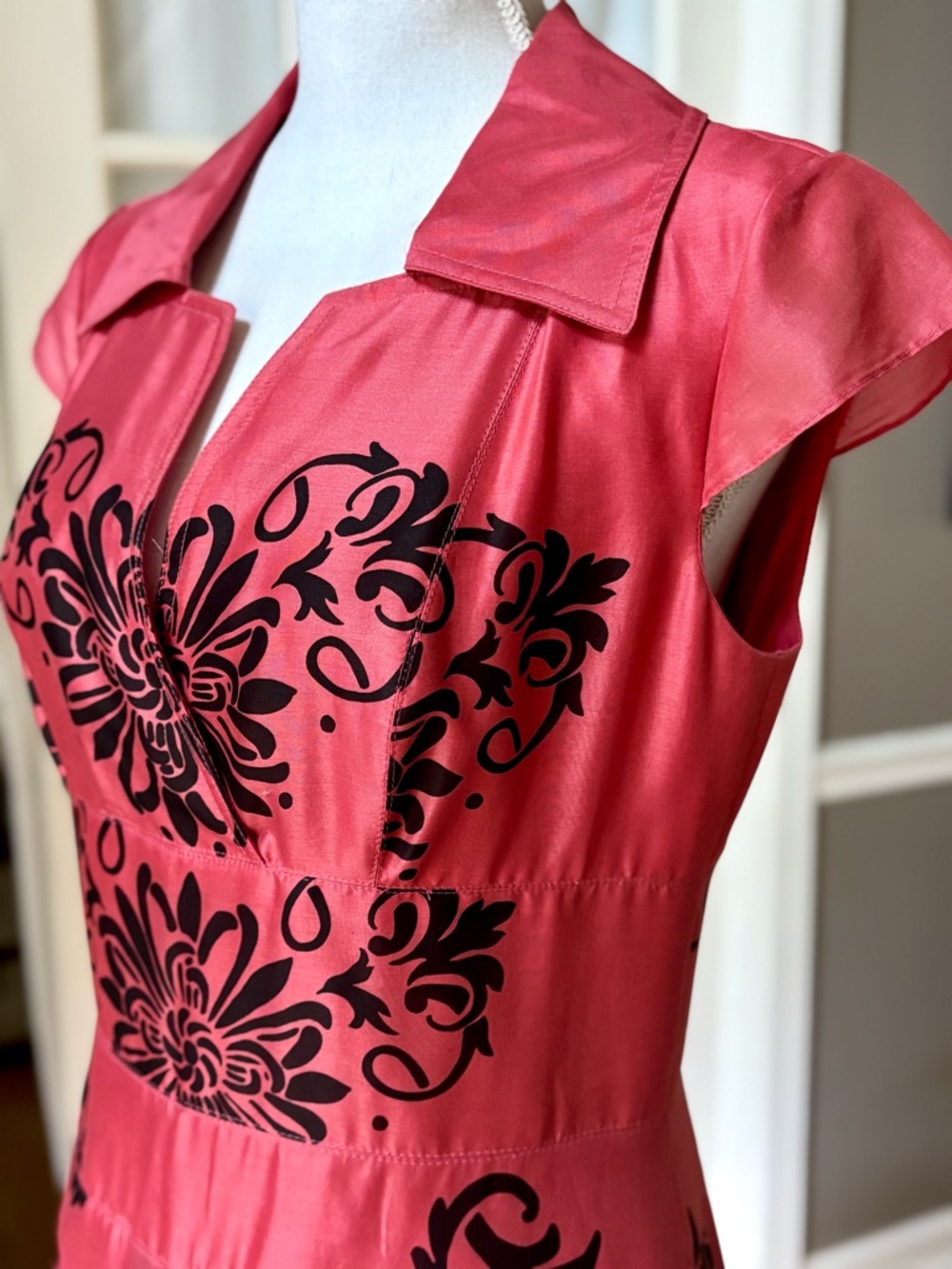 Coral Satin Fit Flare Dress Black Baroque Print Retro Collared Party - Picture 8 of 12